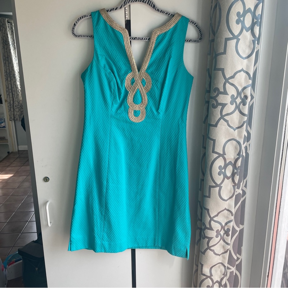 Lilly Pulitzer Janice Shift Dress Turquoise Sleeveless Dress with Gold Accents